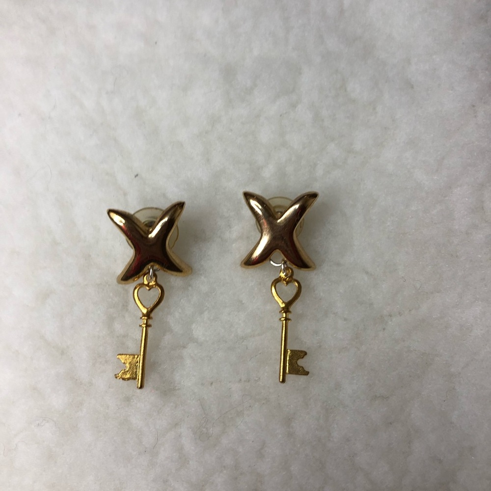 Handmade gold colored drop earrings love and kisses